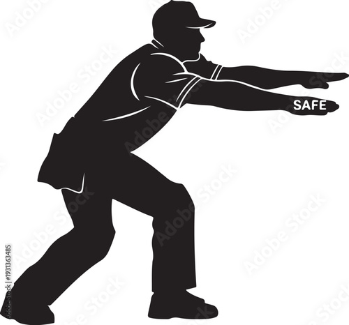 Umpire signaling safe in baseball with outstretched arm clearly