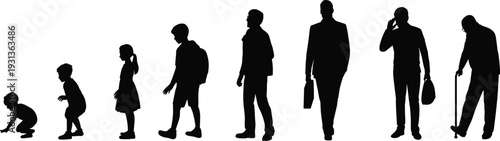 Silhouettes of people from childhood to old age in black and white youth elderly