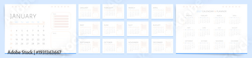 2027 Calendar and planner template with tasks and notes. Calendar design in soft pastel tones with monthly layout, task list, notes area and annual overview. Elegant minimal calendar style.
