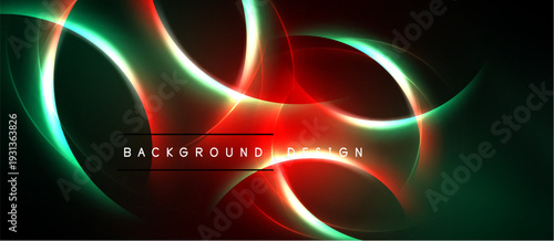 Abstract design features vibrant green, red curves. Dark background enhances glowing effect. Text reads background design. Modern, dynamic composition.