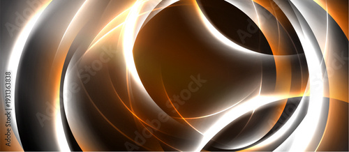 Abstract design features swirling orange, white lines. Dark background creates dramatic contrast, modern aesthetic. Smooth curves suggest motion, energy.