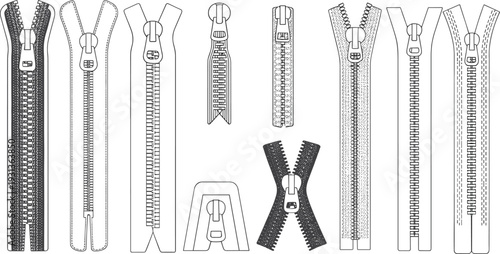 Various types of zippers in different styles and colors shown in a line-up clothing fasteners black