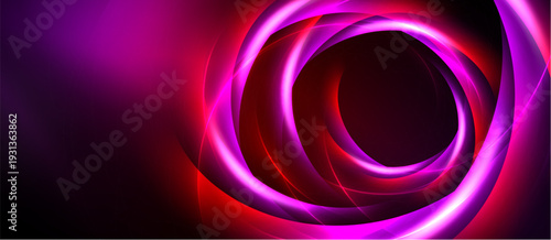 Abstract swirls, vibrant magenta, red hues dominate dark background. Dynamic energy radiates from central vortex. Smooth gradients create depth.