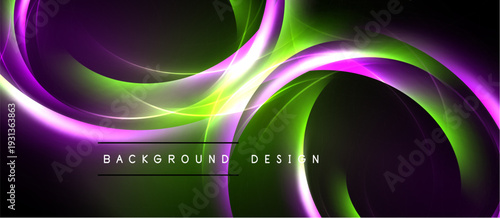 Abstract swirls, vibrant colors, neon glow. Dynamic composition creates modern background design. Purple, green hues dominate visual space.
