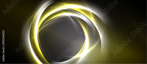 Abstract design features concentric glowing rings. Yellow, white light radiates from dark background. Modern, dynamic composition.
