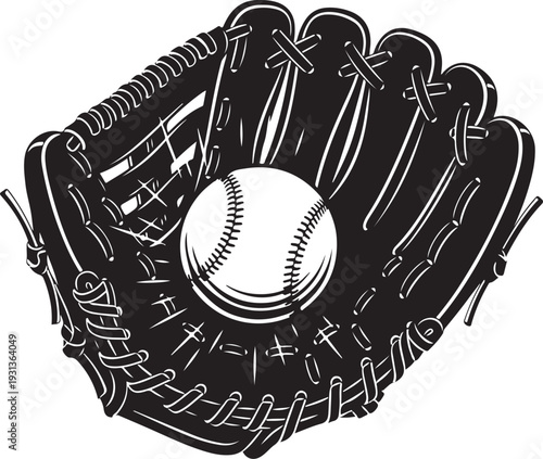 Black baseball glove with white baseball illustration isolated on white