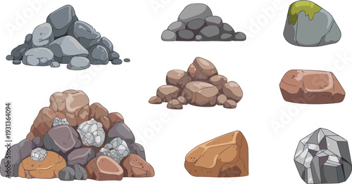 Cartoon rock and stone pile collection mineral boulder gravel gemstone vector illustration isolated on white background