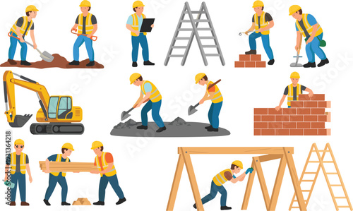 Cartoon-style illustration set of construction workers and equipment, safety gear, tasks, tools, ladders, excavator, teamwork, building site vector design