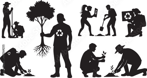 Eco friendly people planting trees and recycling waste together