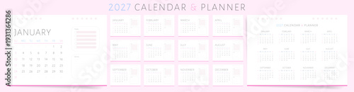 2027 Calendar and planner template in pastel pink with tasks and notes. Calendar design features soft minimal layout, monthly schedule, task list, notes section and yearly overview.
