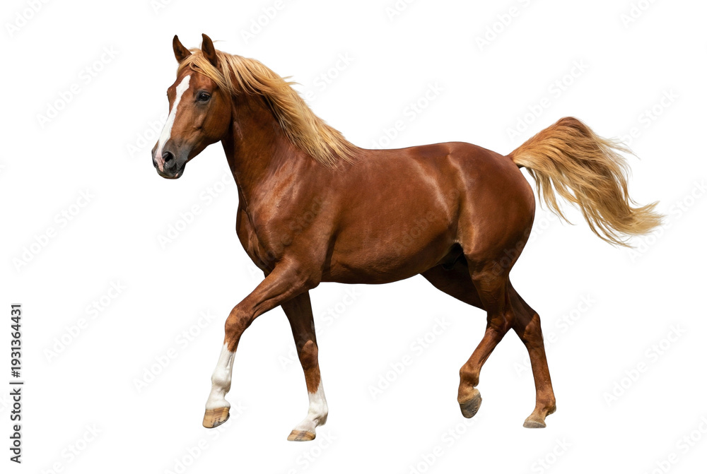 Fototapeta premium Graceful Chestnut Horse with Golden Mane and Tail Trotting Isolated on White