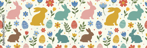 Easter Bunny and Egg Seamless Pattern with Spring Flowers and Pastel Rabbits for Festive Wrapping Paper Holiday Greeting Cards and Textile Print