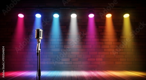 Vibrant stage spotlight microphone setup for live performance or comedy show