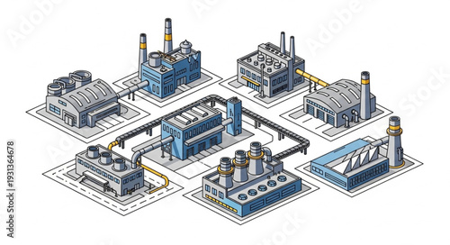 Industrial Factory Complex with Multiple Buildings.