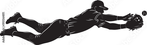 Baseball player diving to catch a ball in mid air