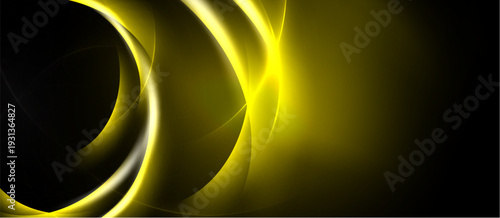 Abstract yellow curves dominate dark background. Smooth shapes create dynamic visual effect. Brightness contrasts sharply with black space.