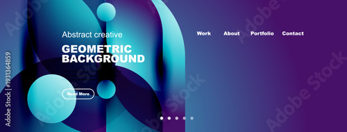 Modern website header design. Vibrant colors, geometric shapes, text overlays, navigation menu present. Clean aesthetic.