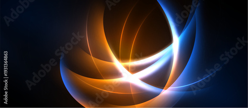 Abstract design features flowing orange, blue light curves. Dynamic composition creates energy, visual impact. Dark background enhances luminosity.