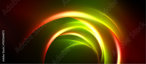 Abstract vibrant layers create glowing arc. Colors blend from red, yellow, green into darkness. Smooth curves suggest movement, energy.