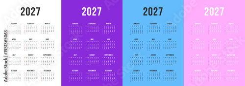 One Page Calendar 2027 templates. Calendar set with modern minimal design and muted colour backgrounds for wall and desk use. Business annual 2027 calendar layouts.
