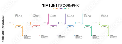 Rounded rectangle shape timeline infographic presentation template 12 options. 12 month or 1 year infographic template