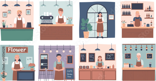 Cartoon-style vector illustrations of small business owners in cafes, flower shops, and bars for commerce, community, and design themes.