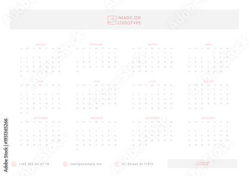 One Page Calendar 2027 template with photo placeholder. Calendar layout for wall or desk use, minimal business design with customizable image area and contact icons. Modern annual calendar.