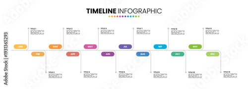 Rounded rectangle shape timeline infographic presentation template 12 options. 12 month or 1 year infographic template