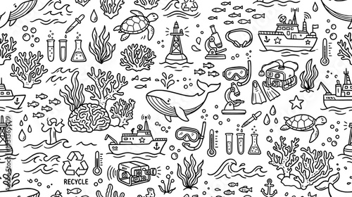 Hand drawn seamless pattern of marine biology research equipment ocean life and conservation icons