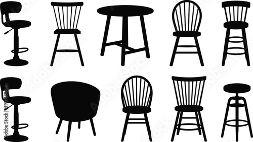 Chair and stool silhouette collection dining chair bar stool armchair round table furniture vector illustration isolated on white background
