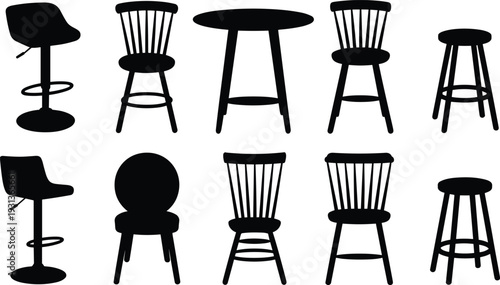 Chair and bar stool silhouette collection wooden dining chair round table furniture vector illustration isolated on white background