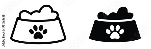 Pet Food Bowl Icon Vector with Paw Print for Dog or Cat Nutrition, Domestic Animal Feeding, and Veterinary Care Symbol Set