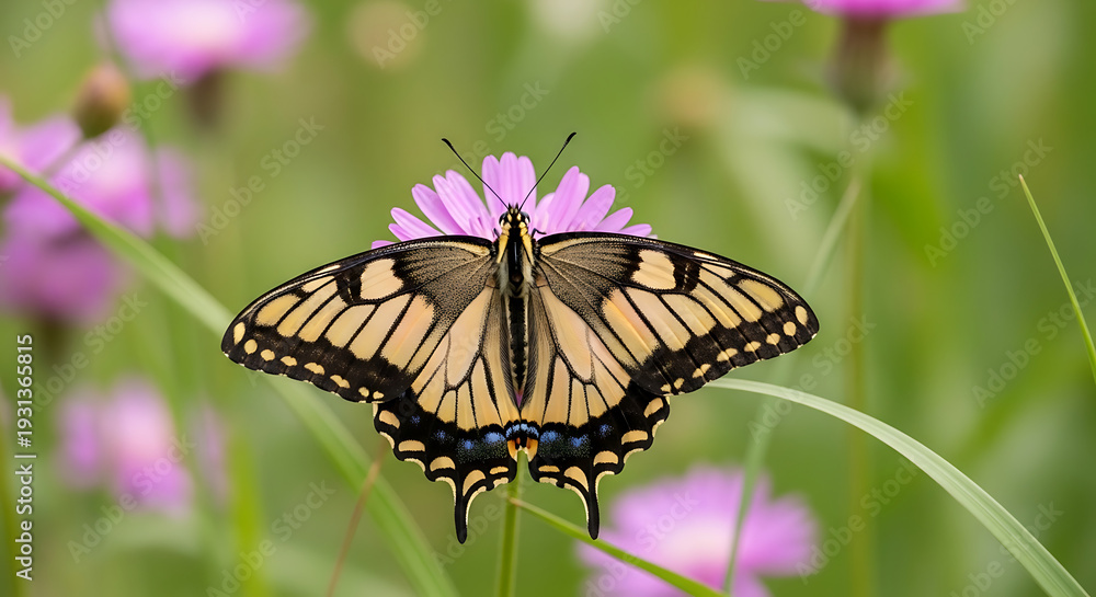 Obraz premium Spring Meadow Wildflowers with Butterfly on Flower Colorful Wings