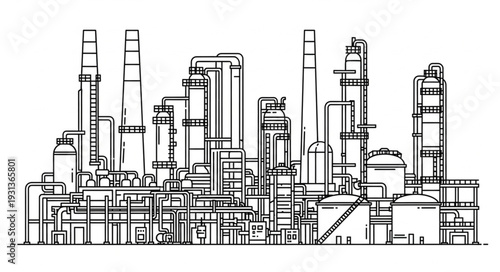 Industrial Factory Complex Line Drawing.