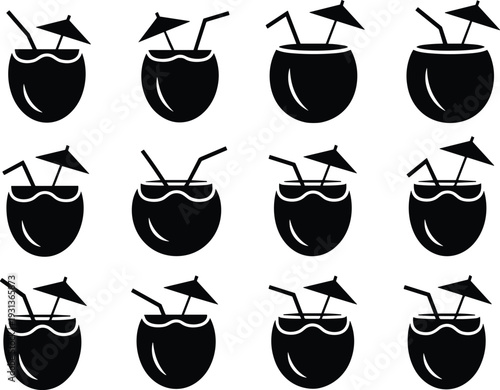 Coconut drink silhouette collection with tropical cocktail umbrellas and straws isolated on white background black vector icon set