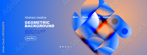 Abstract website header design. Blue gradient background features flowing geometric shapes, text, navigation menu, dots.