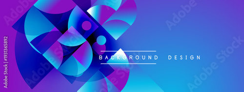 Abstract geometric shapes blend vibrant purple, blue hues. Modern design creates dynamic visual impact. Background features gradient transitions.