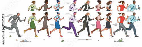 Relay Race Athlete and Business Teamwork Asset Sheet with Runners Passing Baton in Sportswear and Professional Office Attire Flat Vector Set