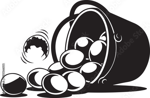 Black and white illustration of eggs spilling from bucket