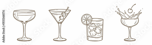 Hand Drawn Cocktail Drink Sketch Set with Martini Glass Coupe Glass Old Fashioned with Ice and Splash for Menu Design and Bar Branding