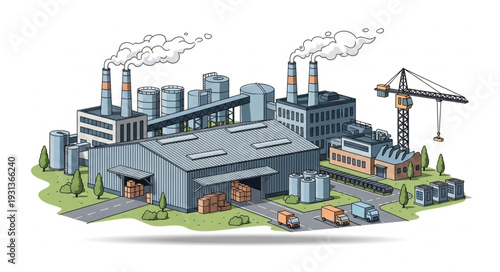 Industrial Factory Complex with Crane.