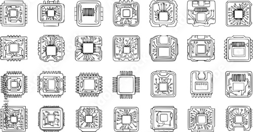 Vector line art collection of various microchips and CPU processors, depicting electronic hardware components for technology and computing designs.