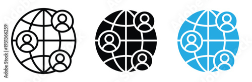 Global Network and Social Media Connection Vector Icon Set with World Globe and People Profiles for Communication and Community Business Concept
