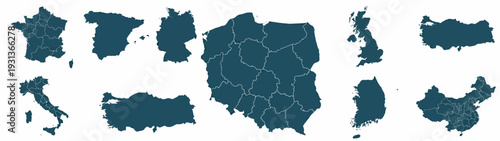 International Map Silhouette Collection with Detailed Borders for France Spain Germany Poland Italy UK Turkey South Korea and China Vector Set