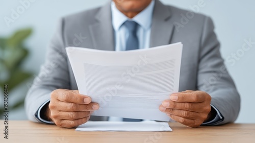 Professional Businessman Reading Documents in Office Setting for Human Resources Management Review and Evaluation