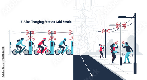 People are charging e-bikes at stations and devices from streetlights illustrating grid strain in an urban setting, Generative AI.