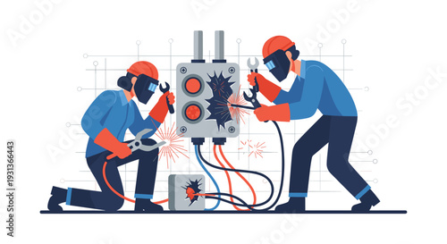 Two cartoon welders in protective gear are actively repairing a damaged electrical panel with sparks flying in a technical setting, Generative AI.