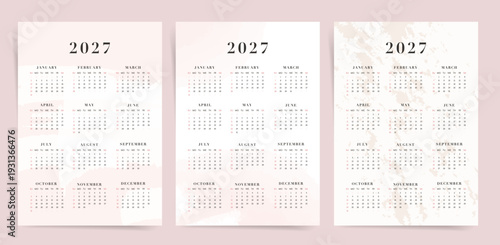 One Page Calendar 2027 with watercolor backgrounds. Calendar templates in pastel tones featuring abstract brush textures, minimal annual design for wall or desk use.
