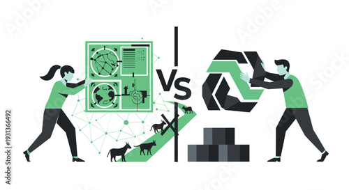 A woman holds a complex green data interface with global maps facing a man holding a large green geometric recycling symbol separated by a prominent Vs in a conceptual illustration, Generative AI.
