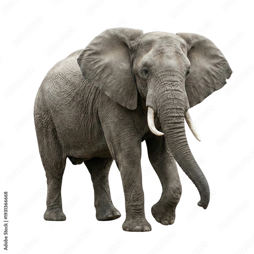 Fototapeta premium African Elephant with Tusks Isolated on White Background